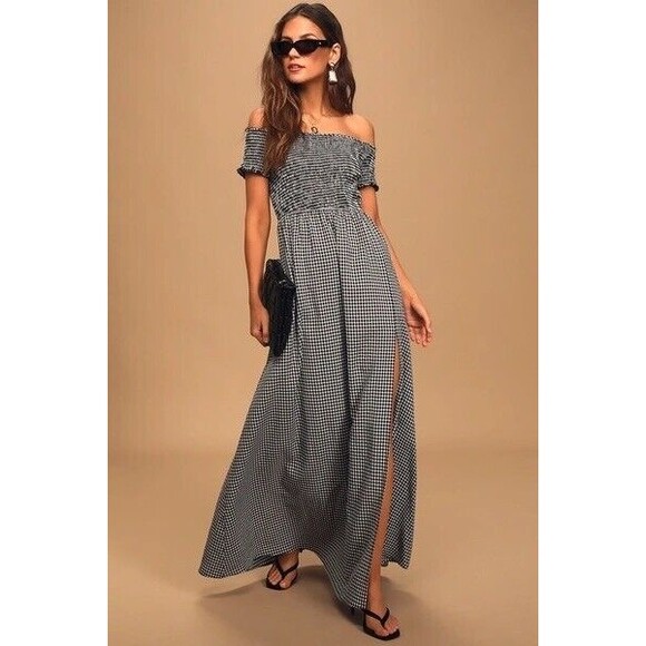 Lulu’s Gingham Maxi Drop Shoulder Dress Side Slit Black White  XL - Picture 1 of 10